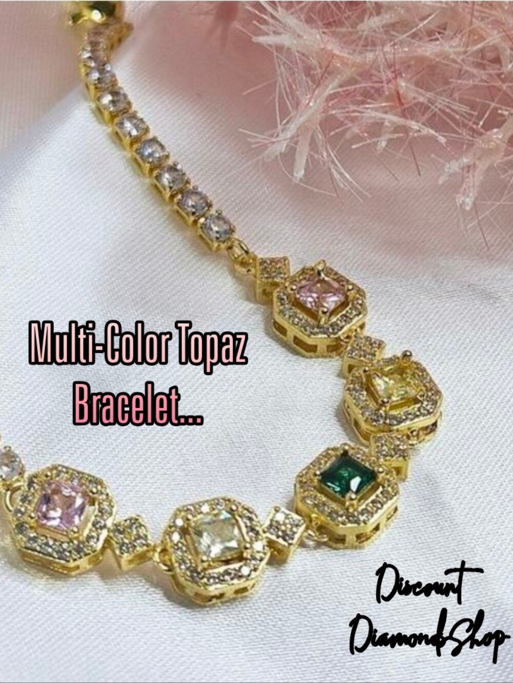 Green, Pink, & White Topaz Tennis Bracelet on Platinum - Stamped PT 950 …